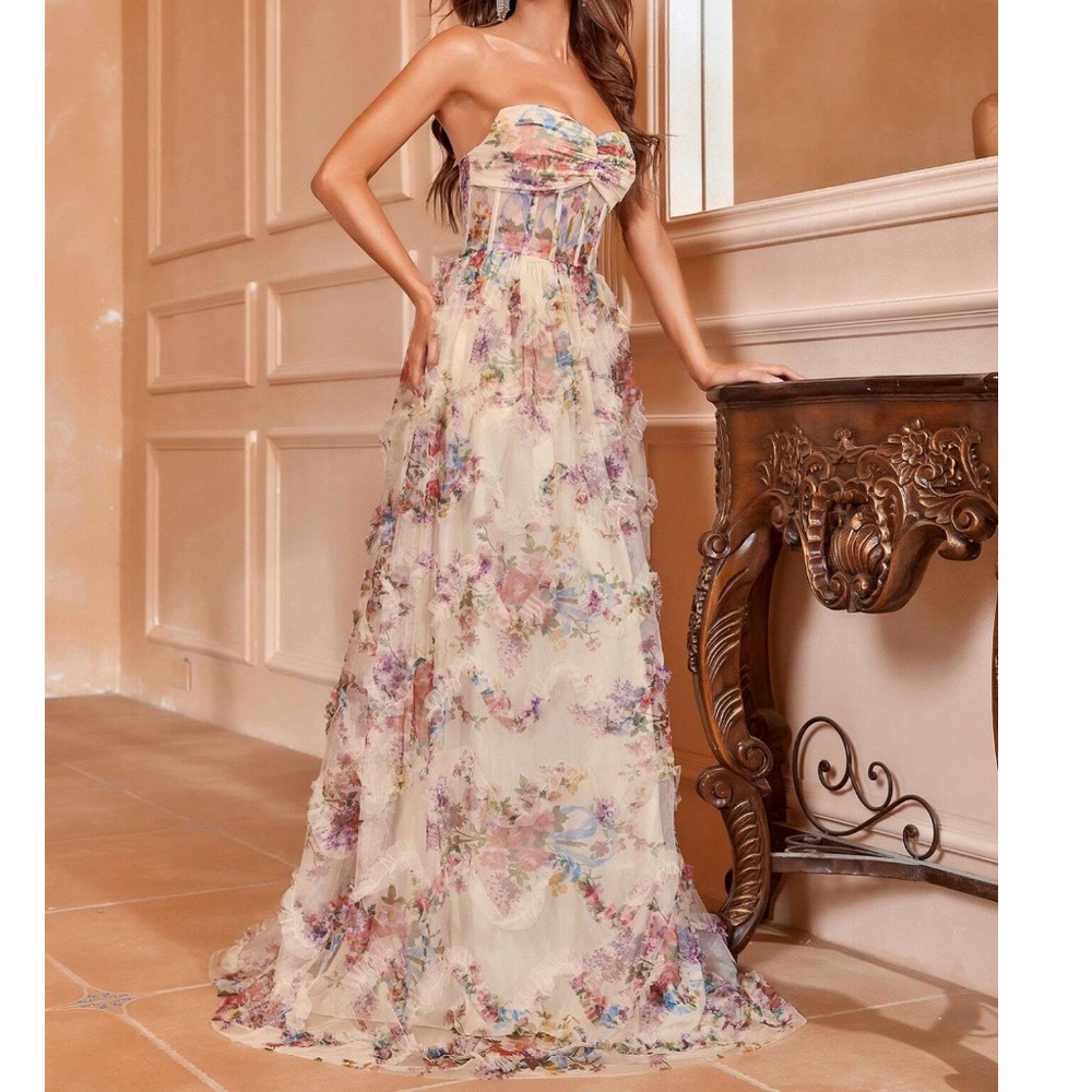 Luxe Cream Floral Print Ruched Corset Party Wedding Formal Dress - Picture 2 of 6
